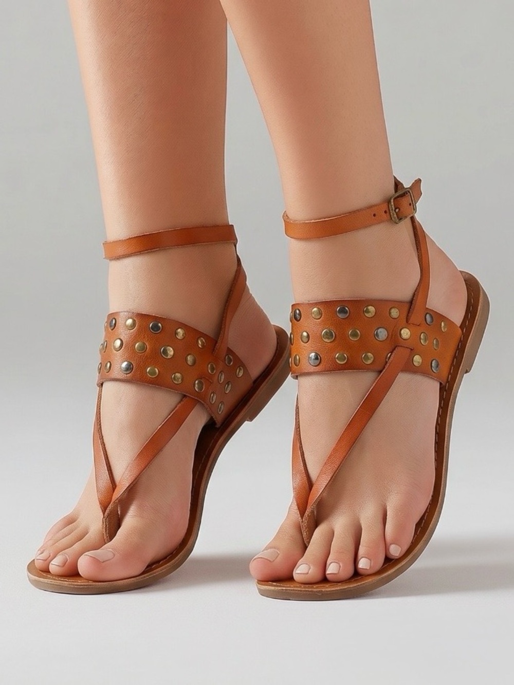 2 for $30 | Vegan Friendly Tan Studded Ankle-Strap Faux Leather Sandals